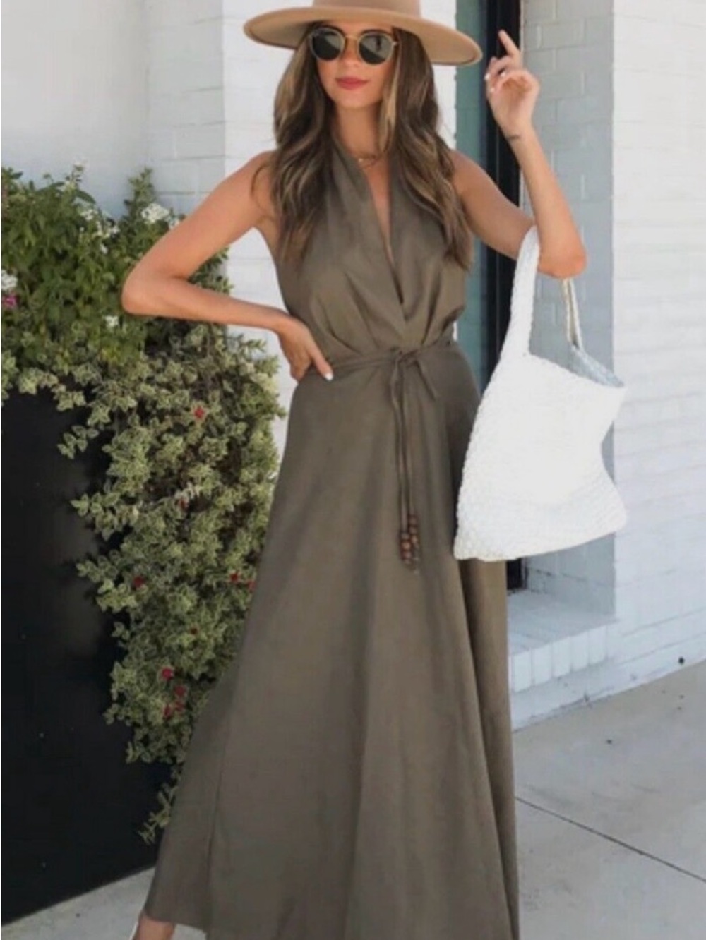 Zara Olive Midi Dress with Tie Detail